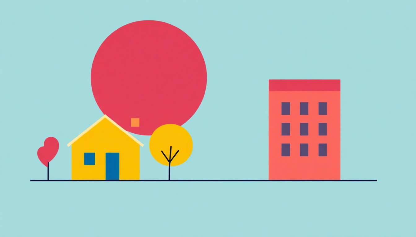 A minimalist illustration using primary-colored geometric shapes to represent the complex relationship between property taxes, payroll taxes, and municipal budgets in Oregon.