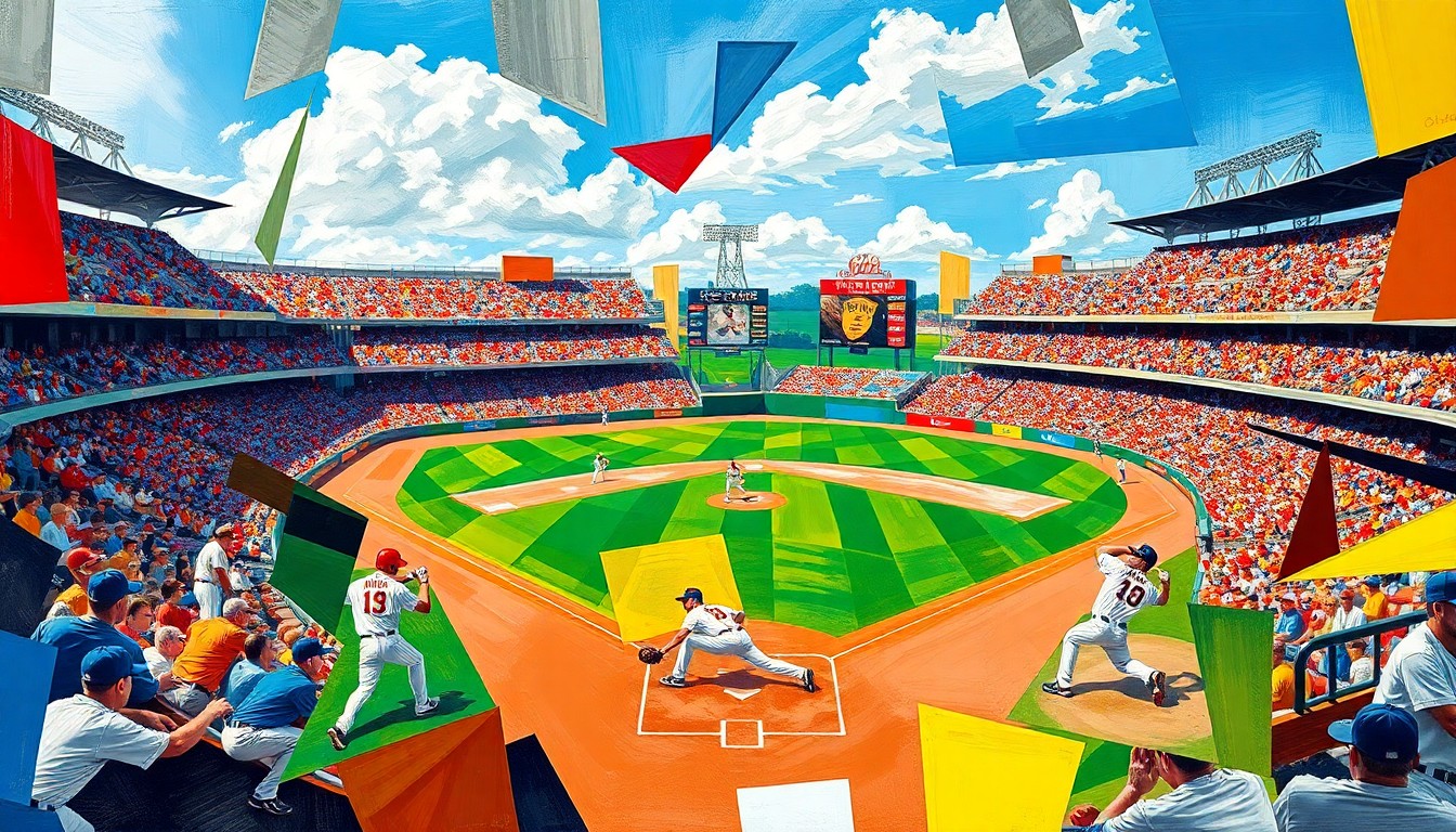 A fragmented, geometric painting in bold primary colors depicting the various elements of a minor league baseball game - the players, the field, the crowd - all broken down into sharp, overlapping planes that create a dynamic, energetic composition.