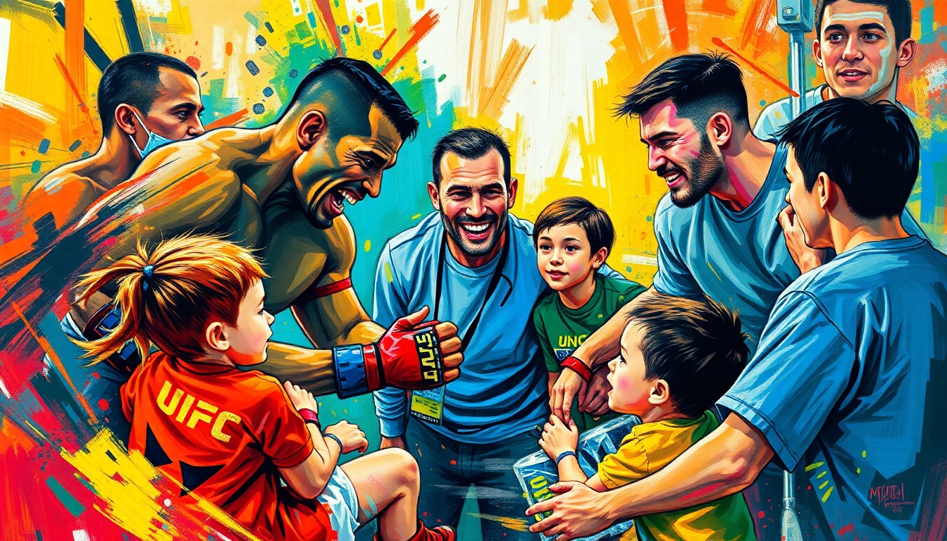 An abstract, energetic painting in neon colors depicting the dynamic interaction between UFC fighters and children in a hospital setting, conveying the emotional impact of the visit.