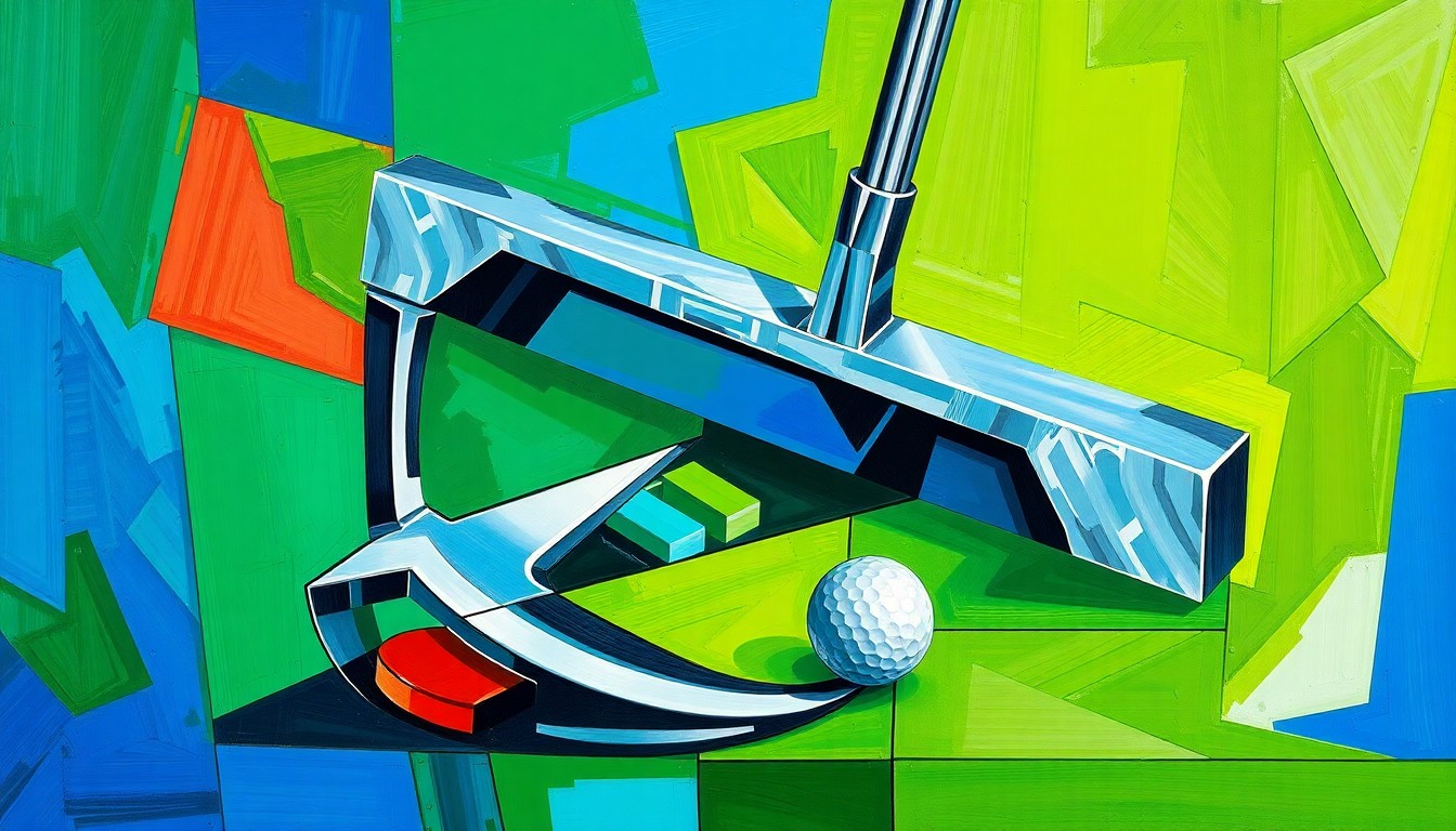 A cubist-style painting depicting the various geometric components of a golf putter and putting stroke, conveying the innovative and deconstructed nature of L.A.B. Golf's technology.