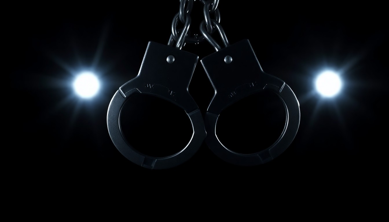 An extreme close-up photograph of a pair of metal handcuffs against a pitch-black background, the harsh lighting and reflections creating a stark, gritty, investigative aesthetic.