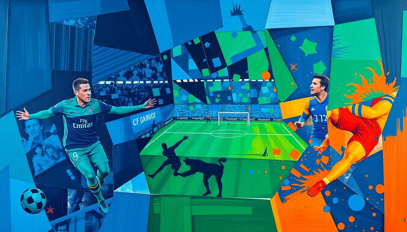 A cubist, geometric painting depicting the action of a soccer match between the Philadelphia Union and CF Montreal, with the players and field broken down into sharp, overlapping planes of navy blue, electric green, and fiery orange.