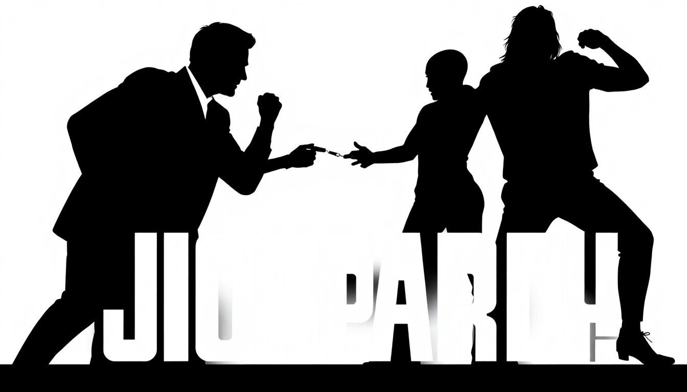 An abstract, minimalist illustration featuring bold black silhouettes and high-contrast solid colors like red and white, conceptually representing the excitement and drama of a Jeopardy! contestant's record-breaking run.