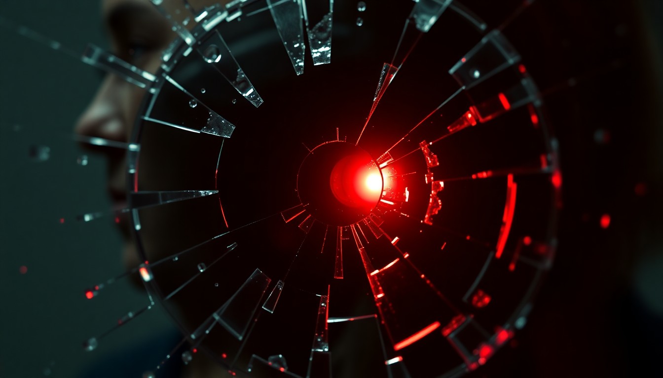 An abstract close-up photograph of shattered glass reflecting a faint red glow, conveying the tension and uncertainty surrounding a 'Law & Order: SVU' character's return to the elite squad.