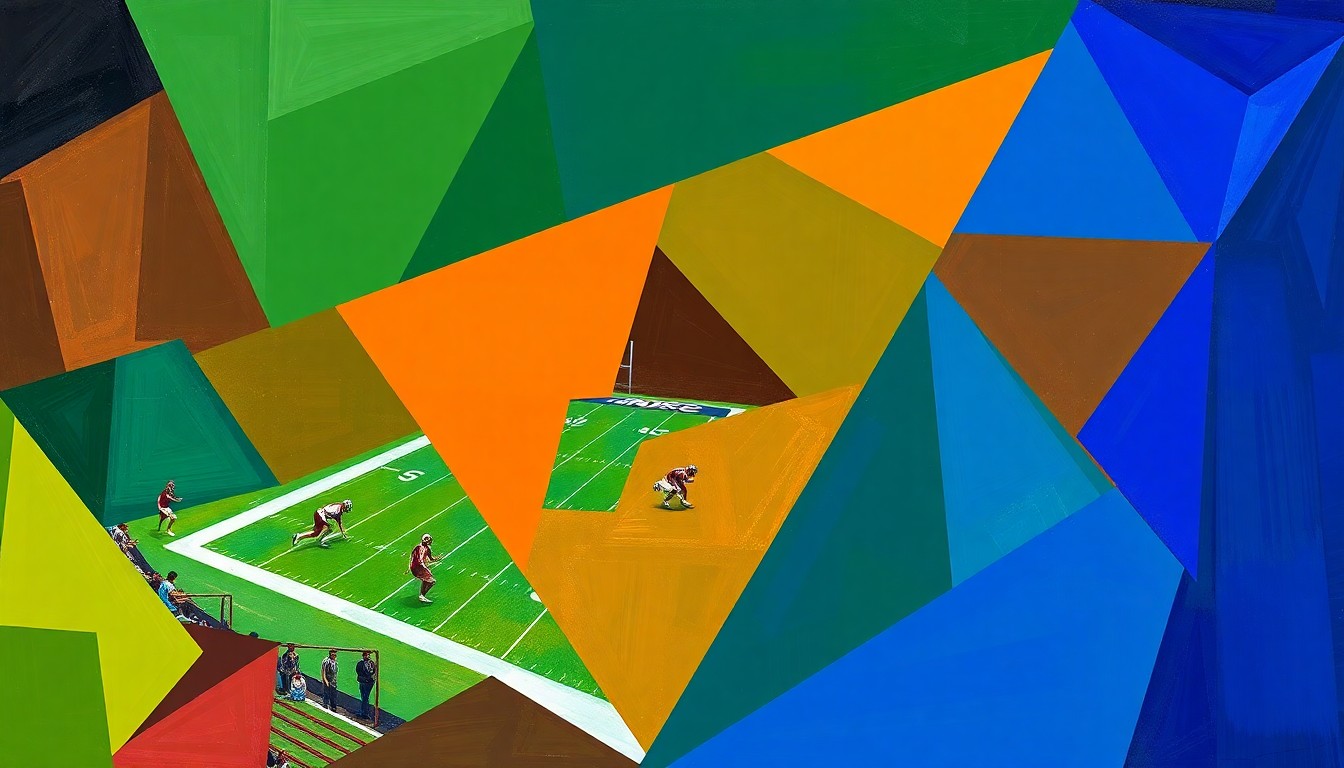 A fractured, cubist-style painting depicting a high school football game, with the players and field broken down into sharp, overlapping geometric shapes in a palette of deep greens, burnt oranges, and royal blues, conceptually representing the start of a new season and the team's preparations.