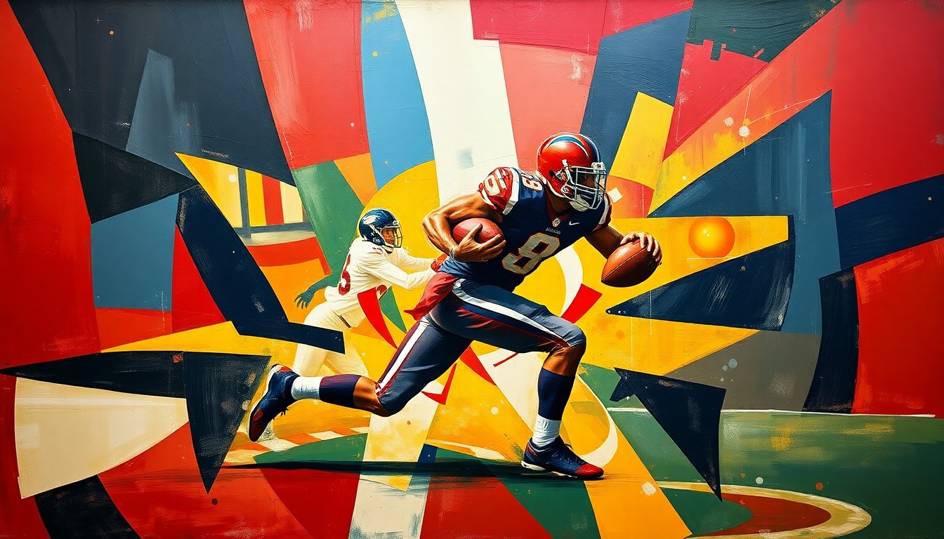 A fragmented, cubist-style painting depicting the motion and competition of a football player, with sharp geometric shapes in crimson, navy, and gold overlapping to create a dynamic, abstract visual representation of the story's subject matter.