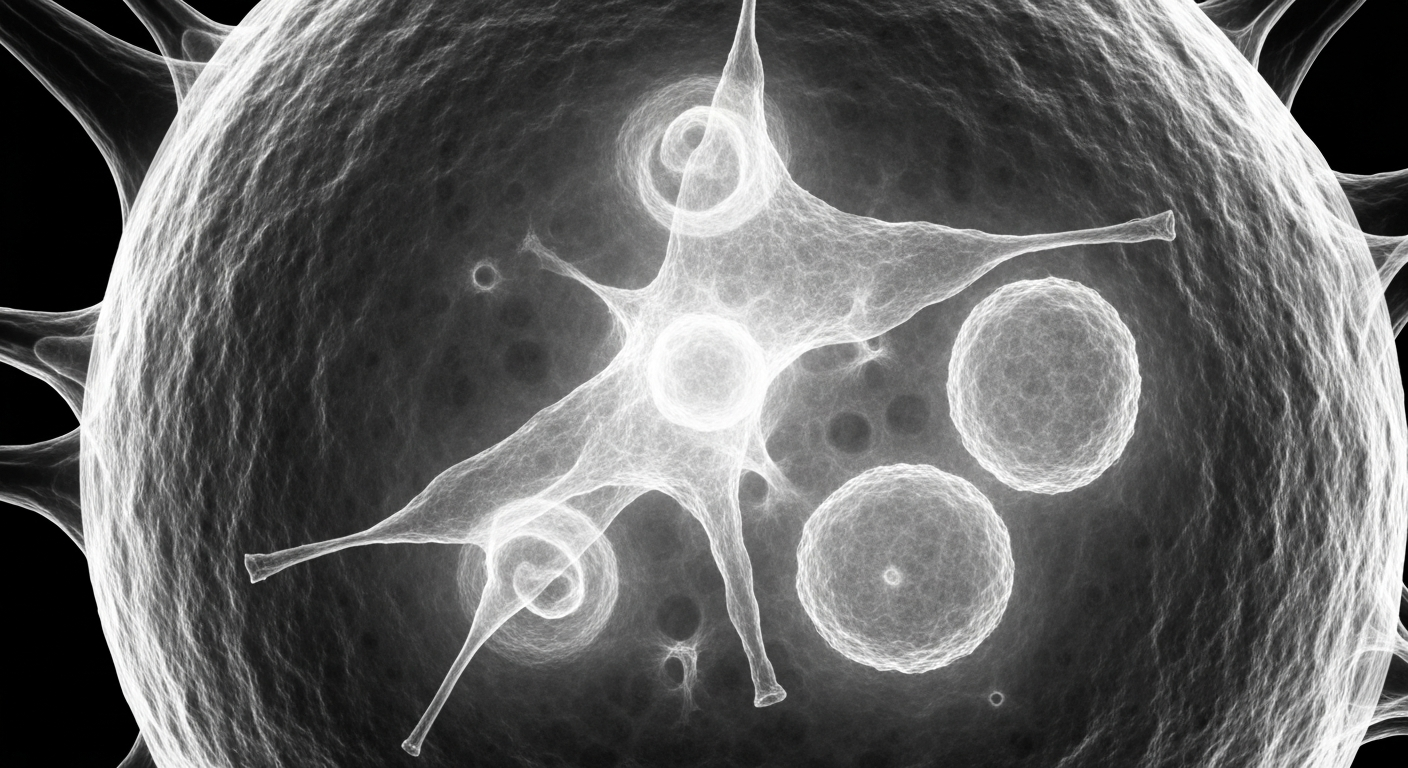 An extreme close-up of a translucent, ghostly silhouette of the measles virus, its intricate internal structure revealed in glowing lines against a dark background, conceptually illustrating the danger and contagiousness of this disease.