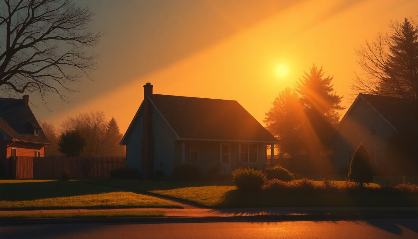 A photorealistic painting of a single-story suburban home in warm, golden light, with deep shadows casting across the scene, conveying a sense of quiet contemplation about the impact of rising costs on the local community.