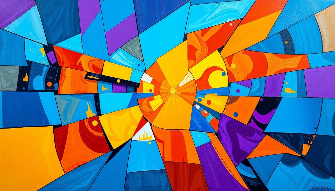 A cubist, geometric painting depicting a soccer match or competition, with overlapping planes of vibrant colors like electric blue, fiery orange, and deep purple, capturing the energy and diversity of the New York/New Jersey soccer community.