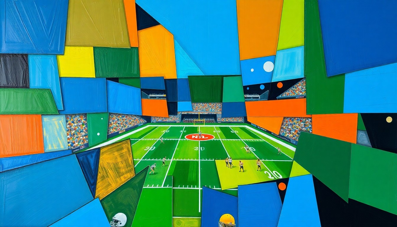 A fragmented, geometric painting in bold colors depicting an abstract football scene, conveying the complexity and excitement of the NFL draft process.
