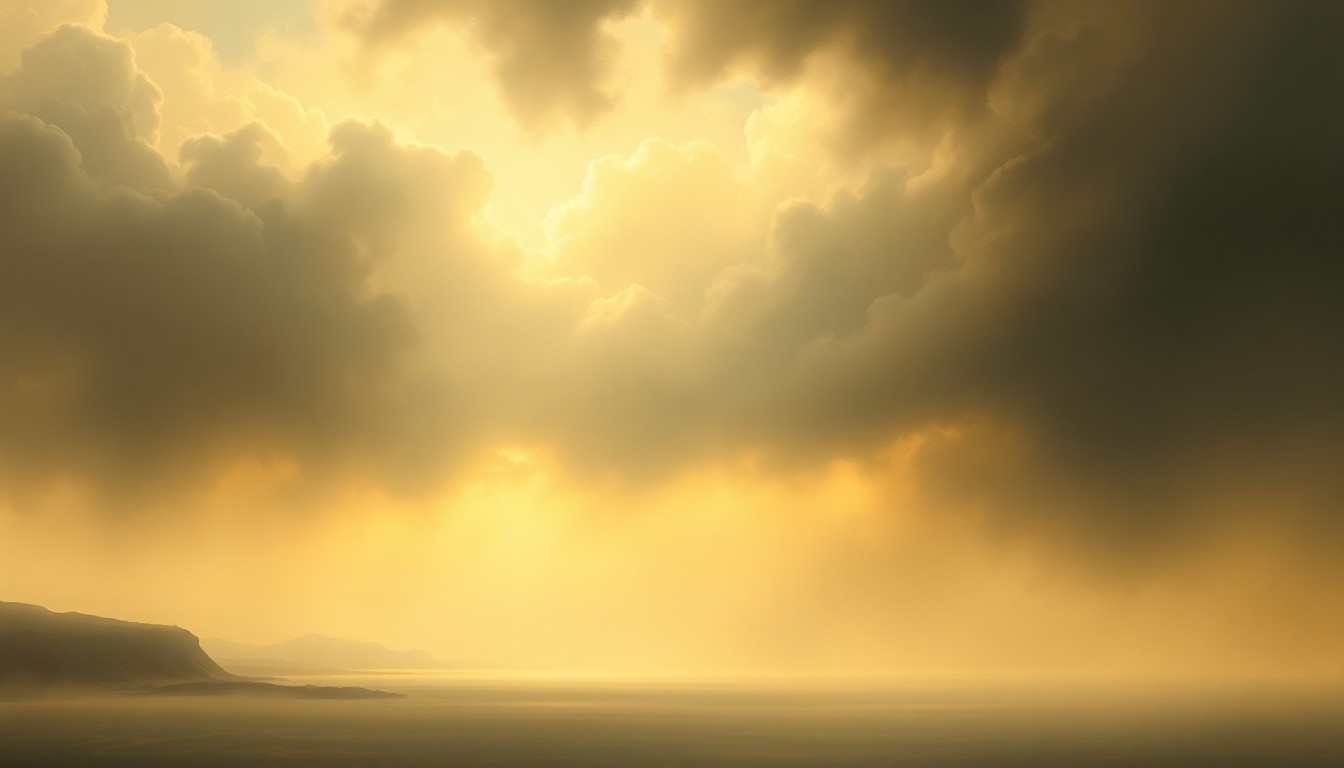 A sweeping, atmospheric landscape painting in muted blues, grays, and whites, depicting a dramatic, hazy sky over a calm body of water, conveying the overwhelming power of nature.