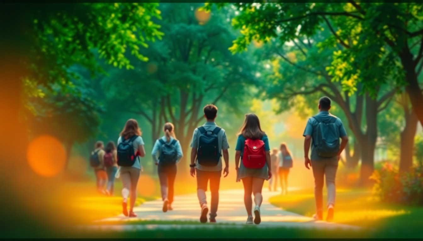 An abstract, impressionistic scene of students walking through a blurred, colorful campus landscape, conveying the atmospheric mood and sense of community at the school.