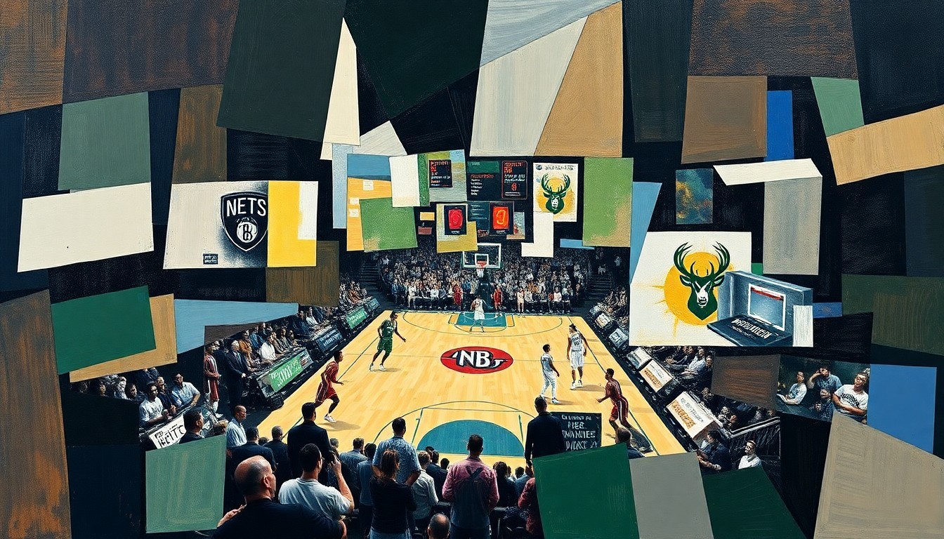 A fragmented, cubist-style painting depicting a basketball game between the Brooklyn Nets and Milwaukee Bucks, with the players and court broken down into sharp, overlapping geometric shapes and planes of color, capturing the intensity and unpredictability of the matchup.
