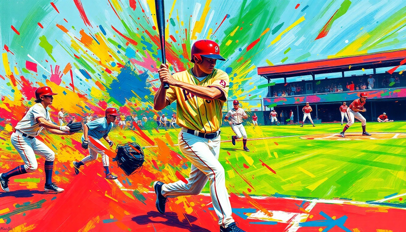 A vibrant, expressionist painting in neon colors depicting the dynamic motion and energy of a high school baseball game, with players' forms dissolving into unrecognizable splatters of color.