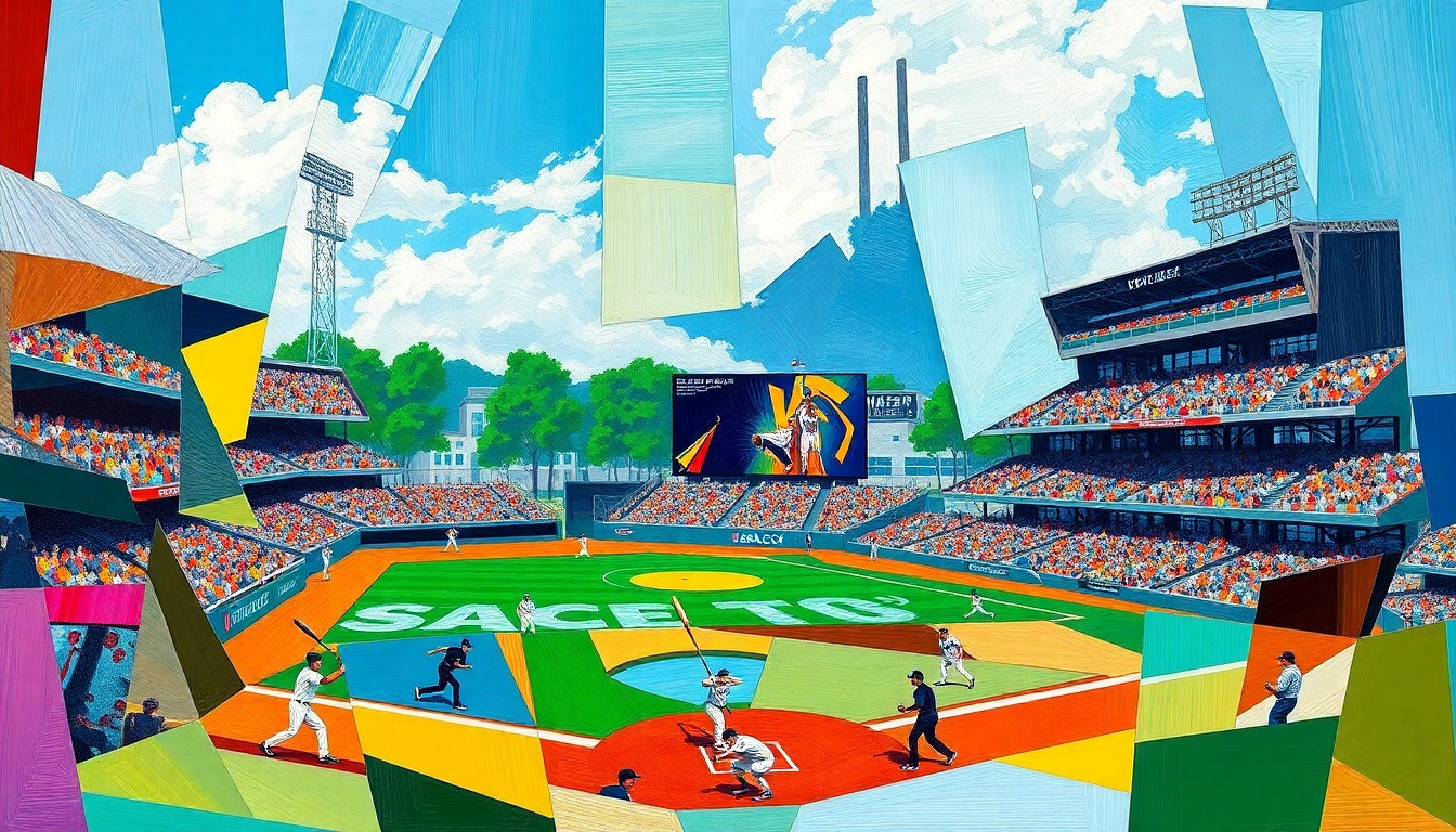 A fractured, geometric painting in bold colors representing a high school baseball game, with players and the field broken down into sharp, overlapping planes.
