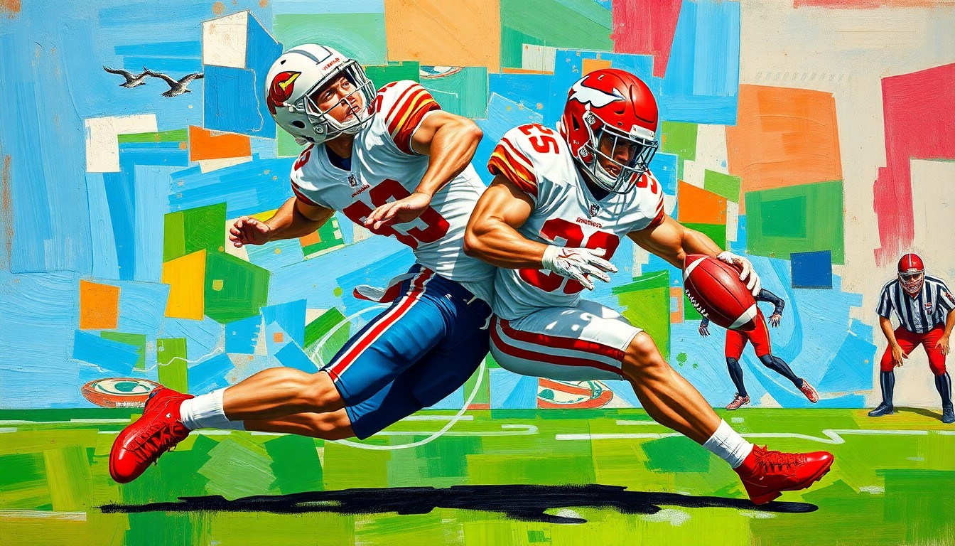 A fragmented, geometric painting depicting a Colorado defensive back in mid-motion, breaking up a pass against an opposing receiver, using bold colors and overlapping planes to create a dynamic, multi-perspective scene.