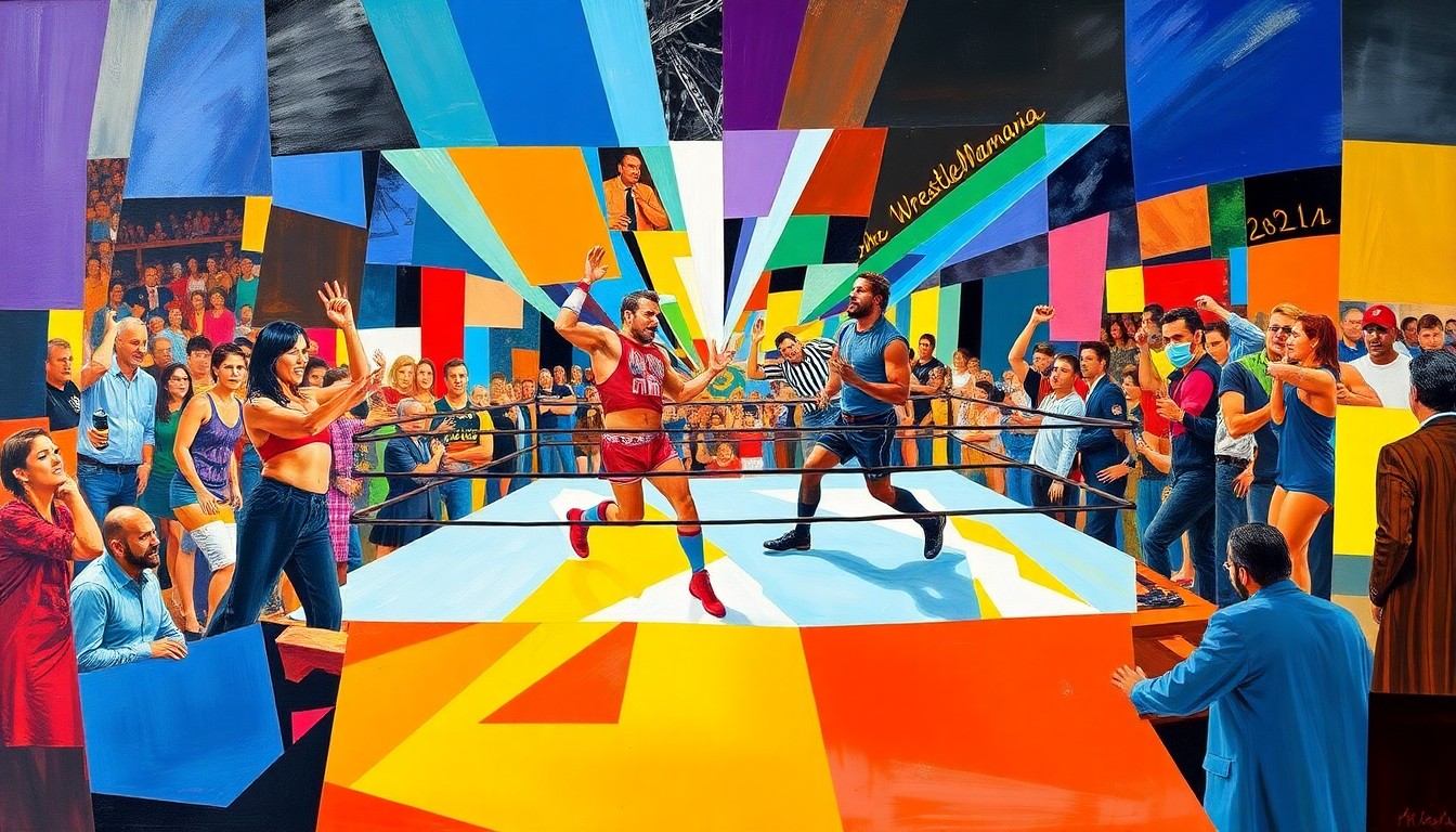 A fractured, geometric painting in vibrant colors depicting the action and energy of a classic WrestleMania match, with no identifiable figures or text.