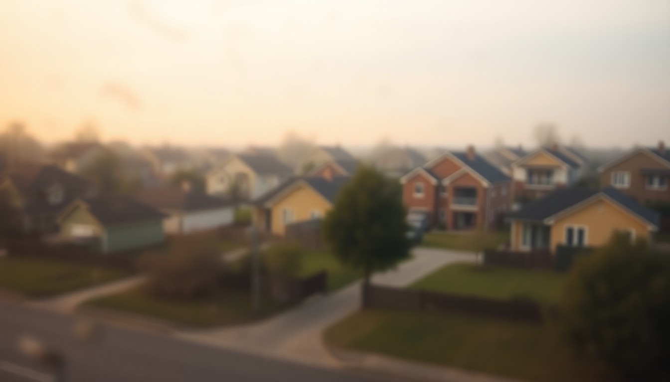 An extremely blurred, impressionistic scene of a residential neighborhood with hazy, warm-toned houses and trees, conveying a sense of community and the importance of property tax relief.
