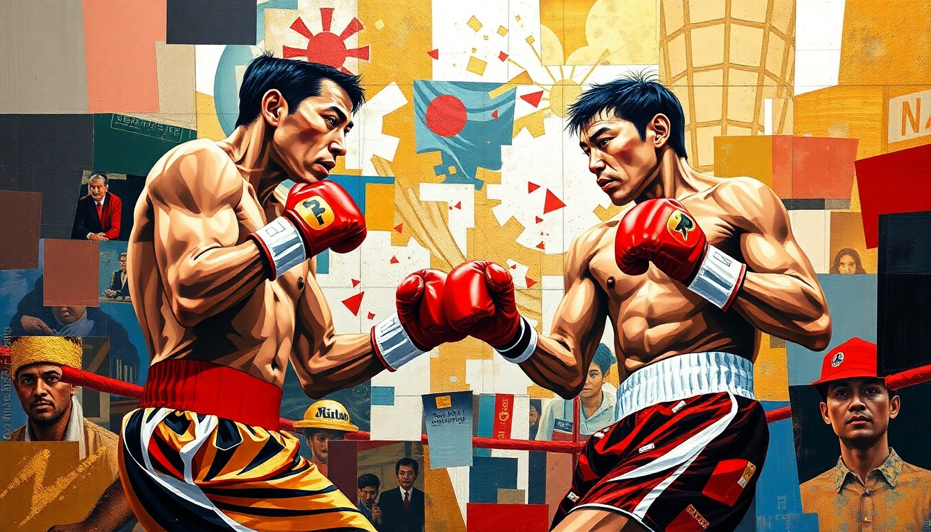 A cubist, geometric painting depicting Naoya Inoue's boxing matches and competitions, with sharp, overlapping planes of vibrant red, white, and gold colors representing the energy and dynamism of his career.