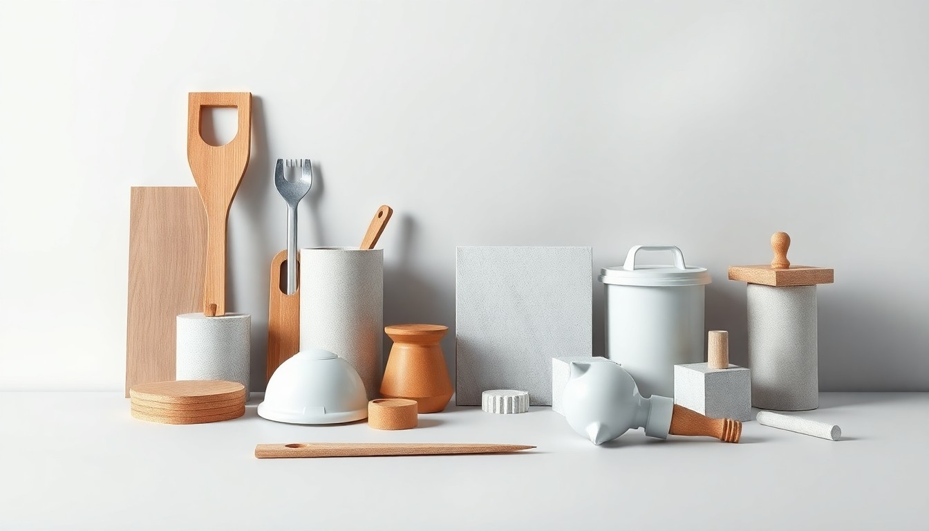 A high-end, photorealistic studio still-life photograph featuring a selection of polished construction materials and tools arranged elegantly on a clean, monochromatic background, conceptually representing the precision and expertise of BD Construction's work.