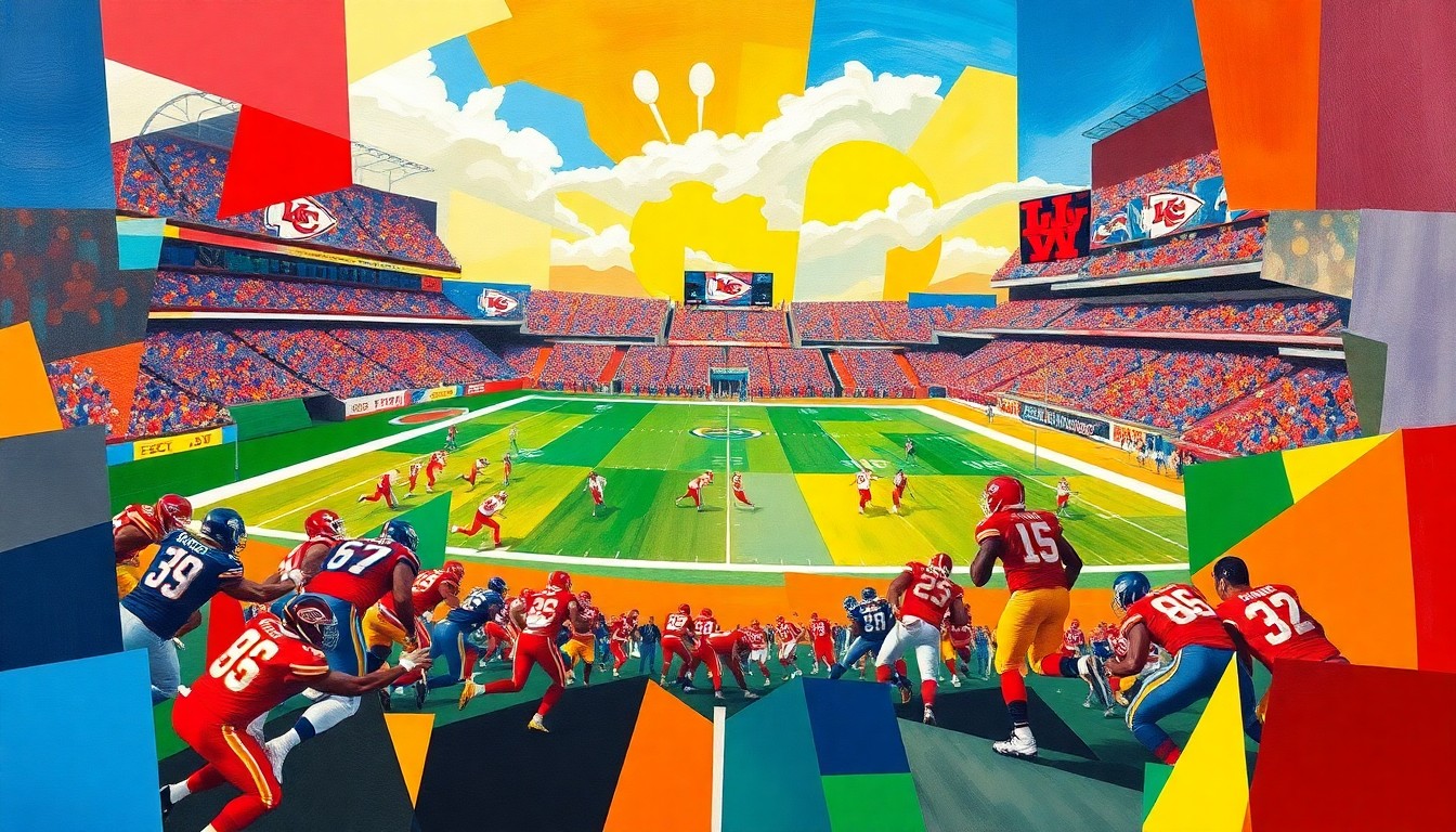 A fragmented, geometric painting depicting the chaotic action of an American football game, with players and the field broken down into sharp, overlapping planes of color representing the Kansas City Chiefs and their opponents.