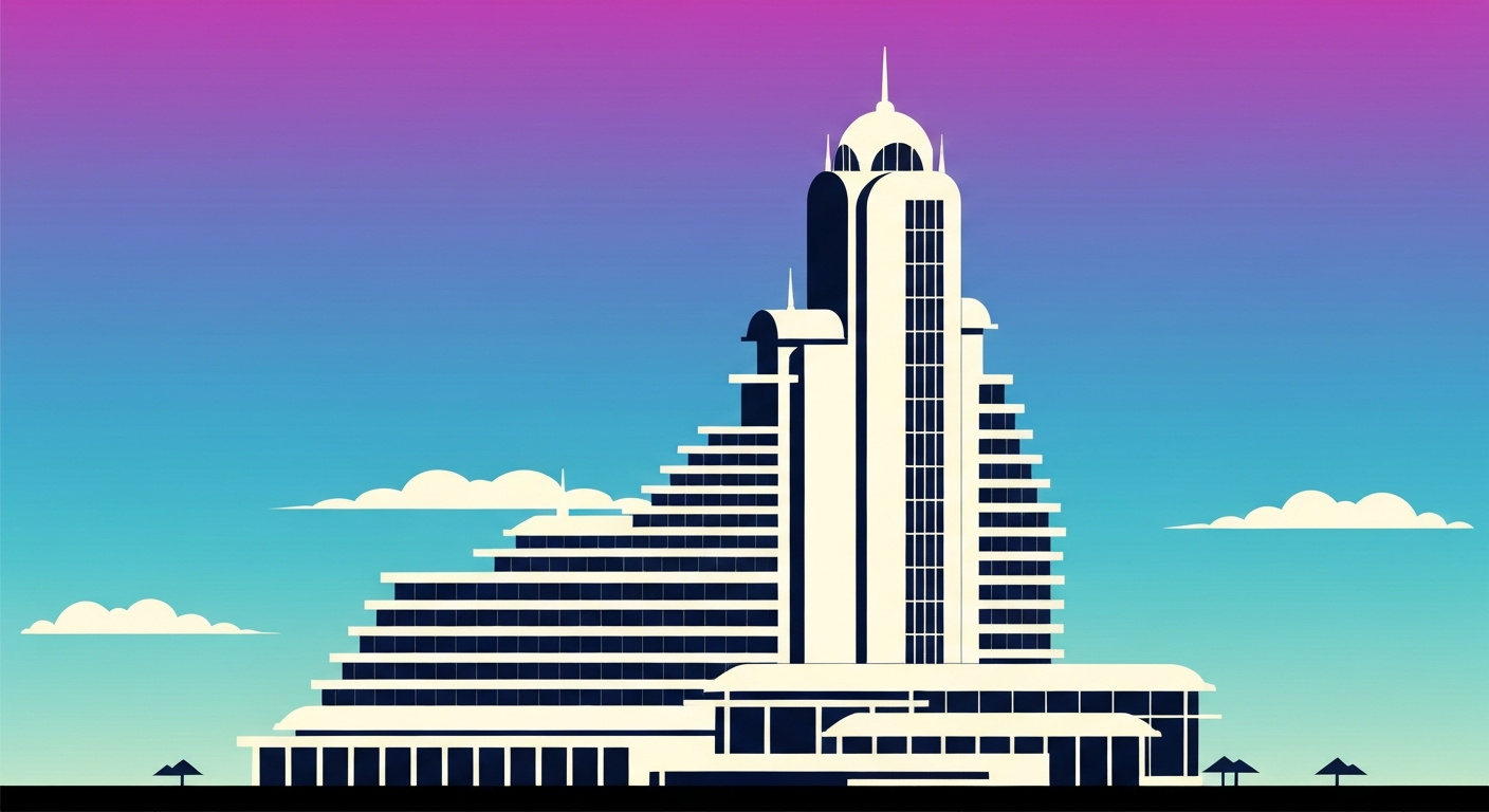 A highly stylized, geometric illustration of a towering hotel or resort complex set against a vibrant gradient sky, capturing the grand scale and romance of the travel industry in an abstract, non-literal way.