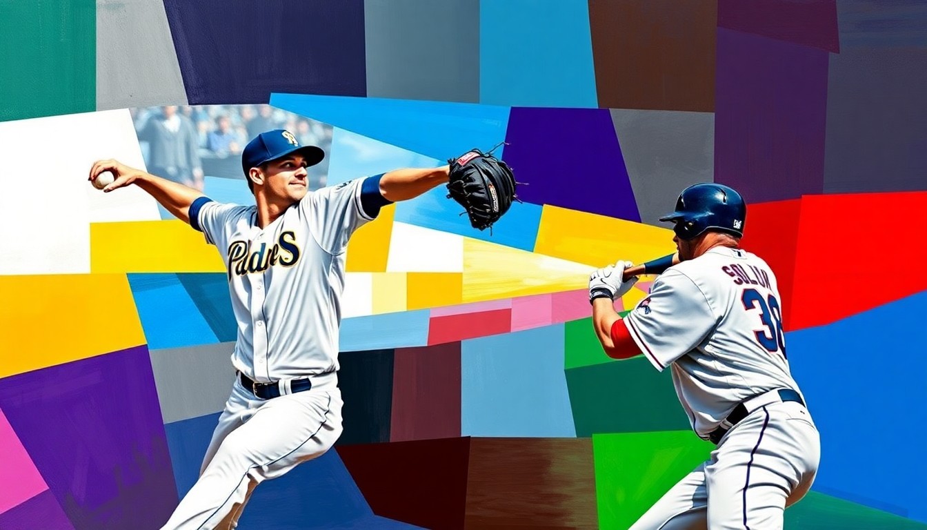 A fractured, geometric painting depicting the motion of a baseball pitcher and the reaction of a batter, with sharp planes of color representing the Padres and Rockies uniforms.