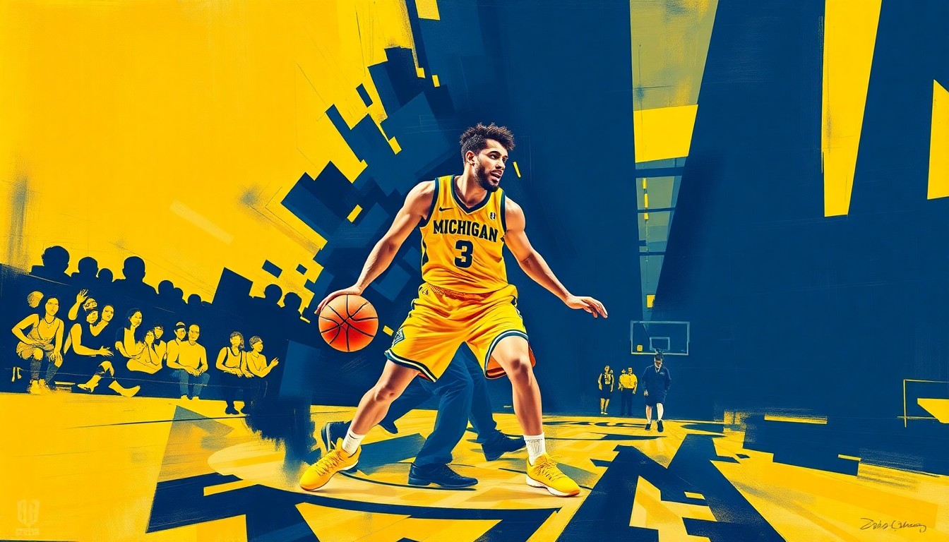 A fractured, cubist-style painting depicting a college basketball player in motion, with sharp geometric planes in the team colors of maize yellow and navy blue, conceptually representing the dynamic energy and multi-faceted talent of the player.