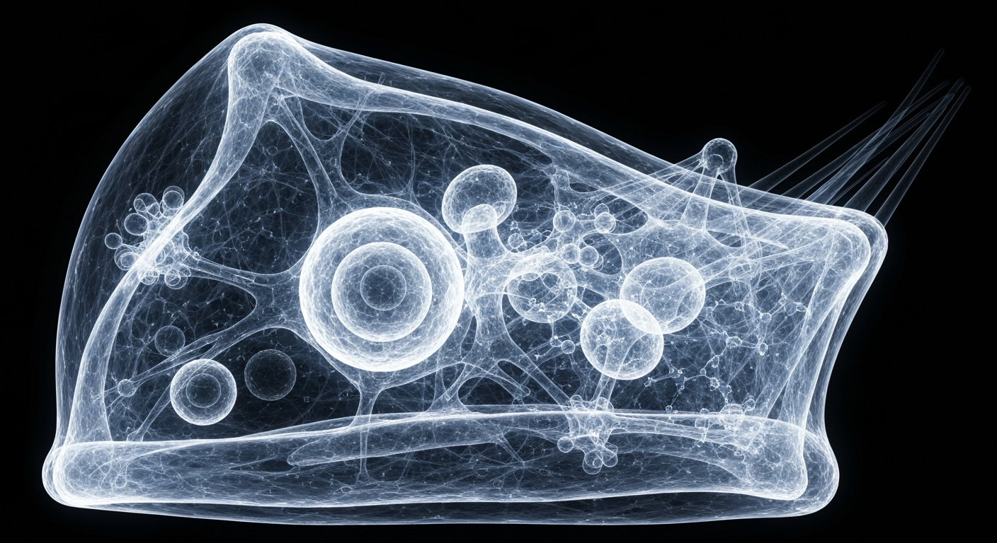 A highly detailed, translucent X-ray photograph of a human skin cell structure, revealing the intricate internal components and molecular pathways in a ghostly, glowing manner against a dark background, conceptually representing the complex biology of inflammatory skin diseases.