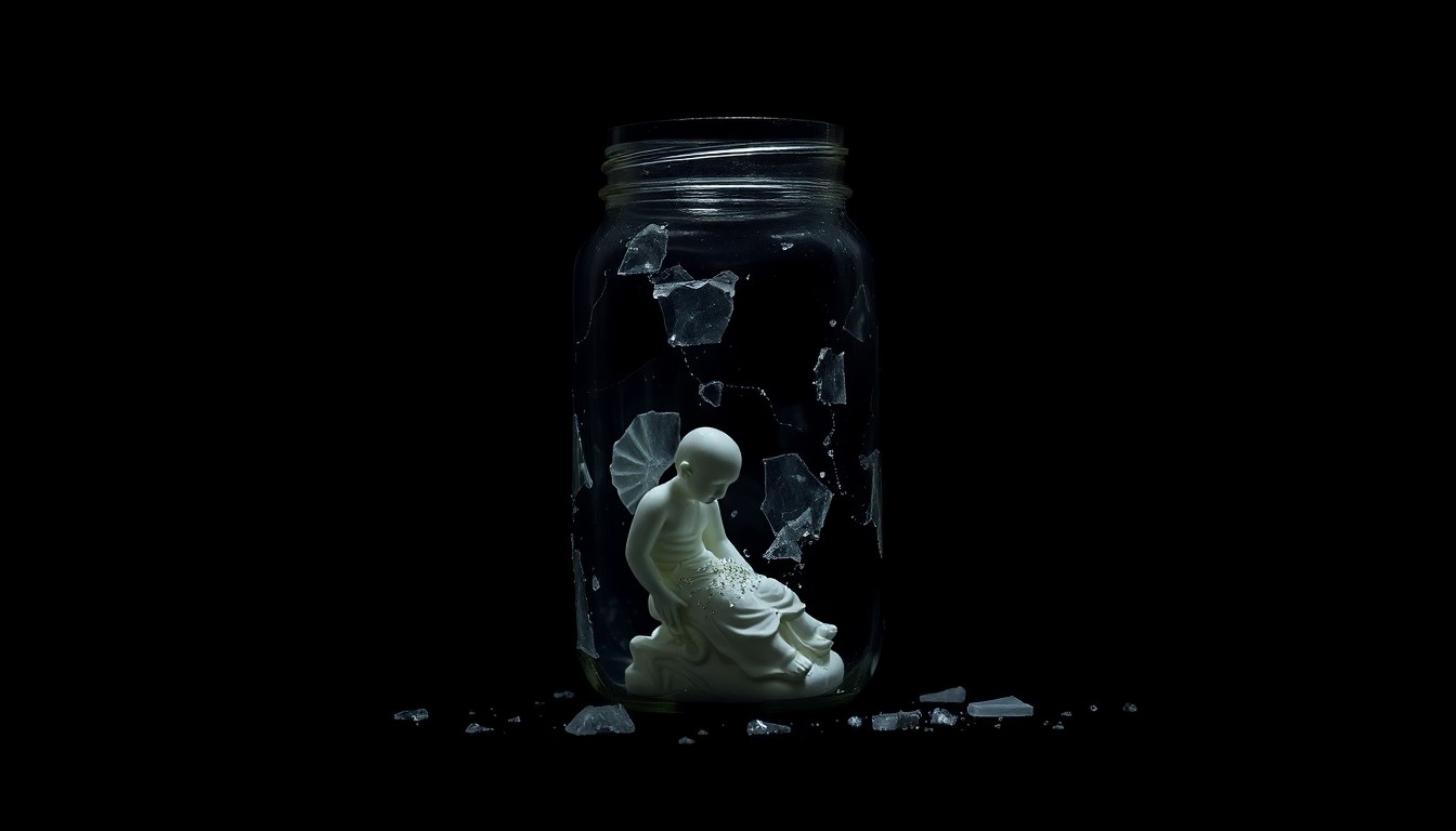 An extreme close-up photograph of a shattered glass jar or broken ceramic figurine, the harsh lighting and stark contrast creating a gritty, investigative aesthetic to conceptually represent the violence and tragedy of the crimes described in the story.