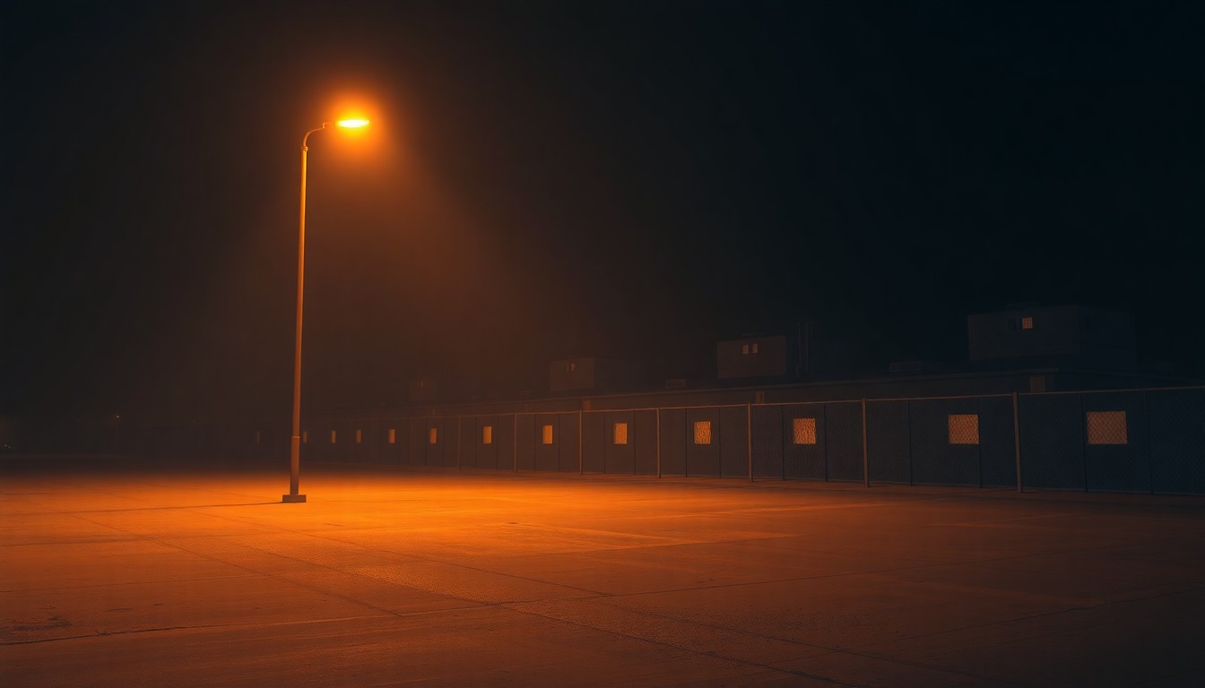 A moody, cinematic painting of a solitary immigration detention facility at night, with warm, diagonal lighting casting deep shadows across the stark, concrete structure.