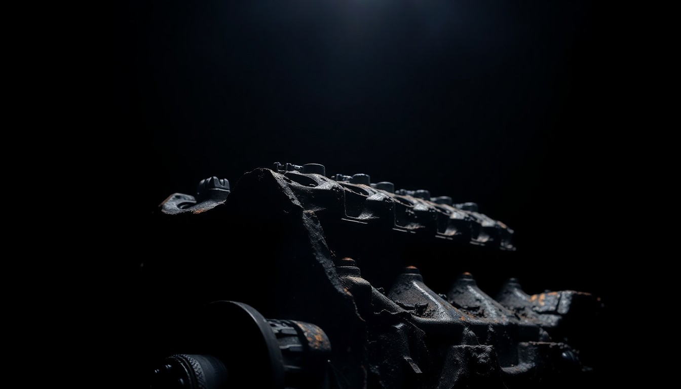 An extreme close-up of a severely damaged engine block, conveying the intensity and destruction of the crash through its stark, gritty visual style.