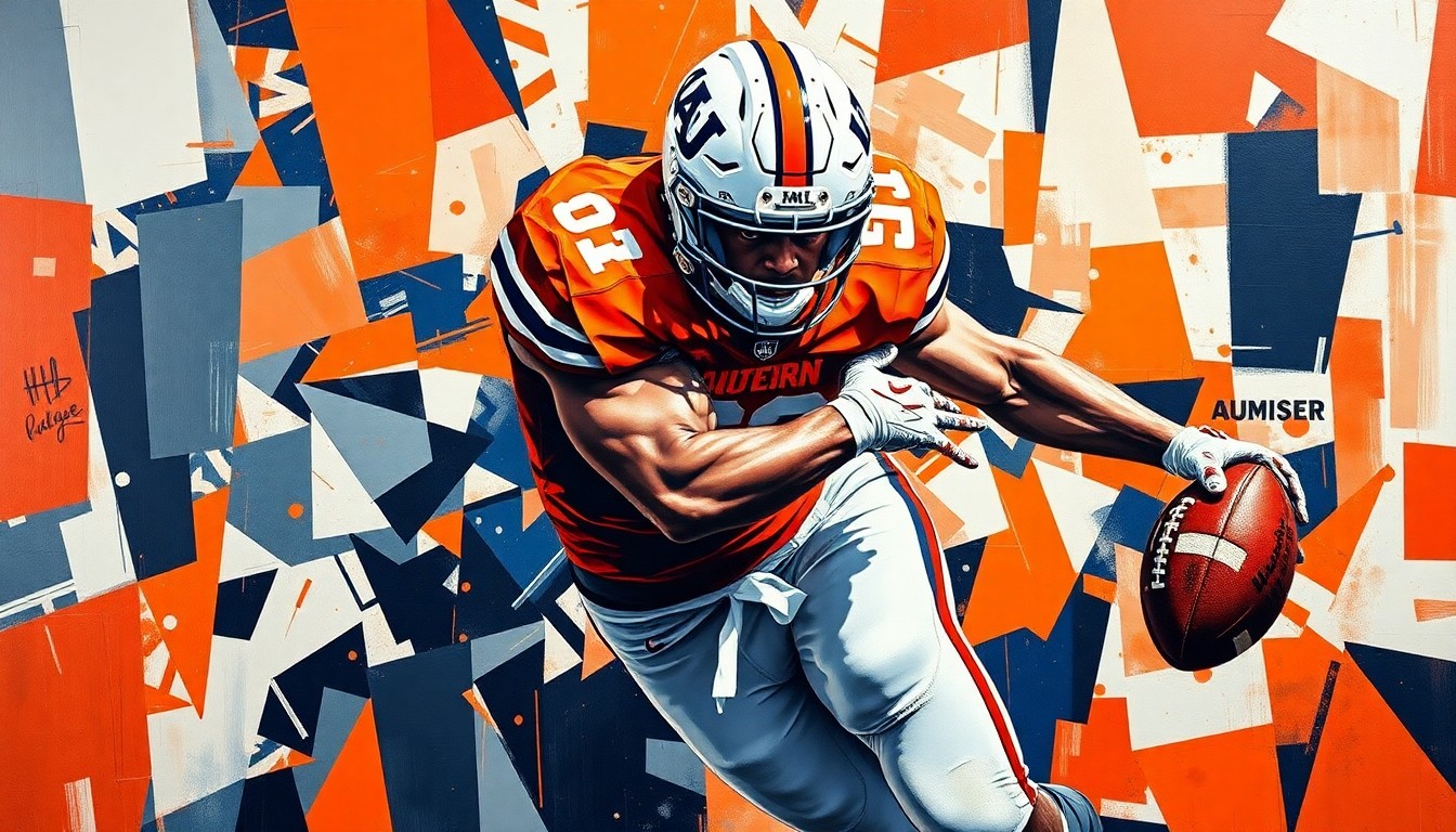 A cubist-style painting depicting a college football player in an Auburn Tigers uniform making a tackle, with the player's body and the field of play broken down into sharp, overlapping geometric shapes and planes in the team's colors of orange, blue, and white.