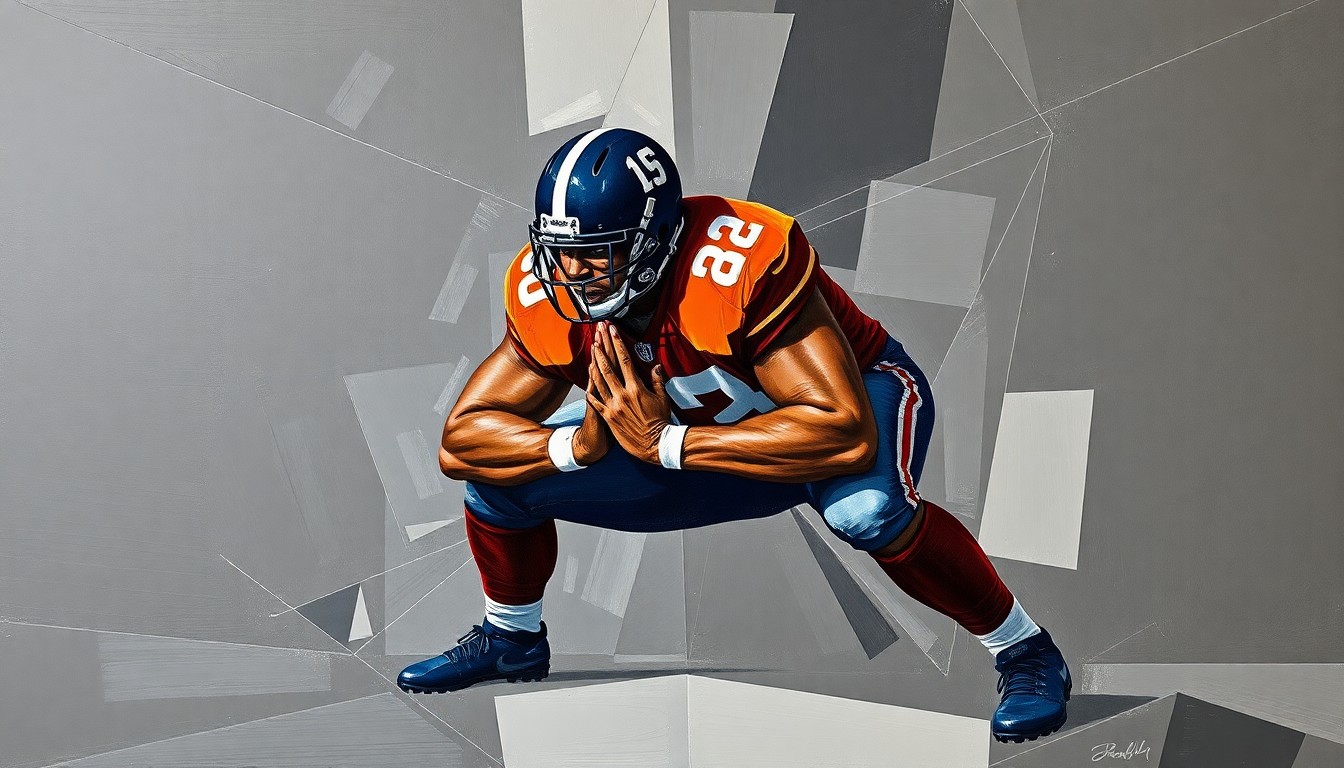 A fragmented, geometric painting depicting an offensive lineman's blocking motion, with sharp planes of dark grey, burnt orange, and navy blue, conceptually representing the Browns' efforts to rebuild their offensive line.