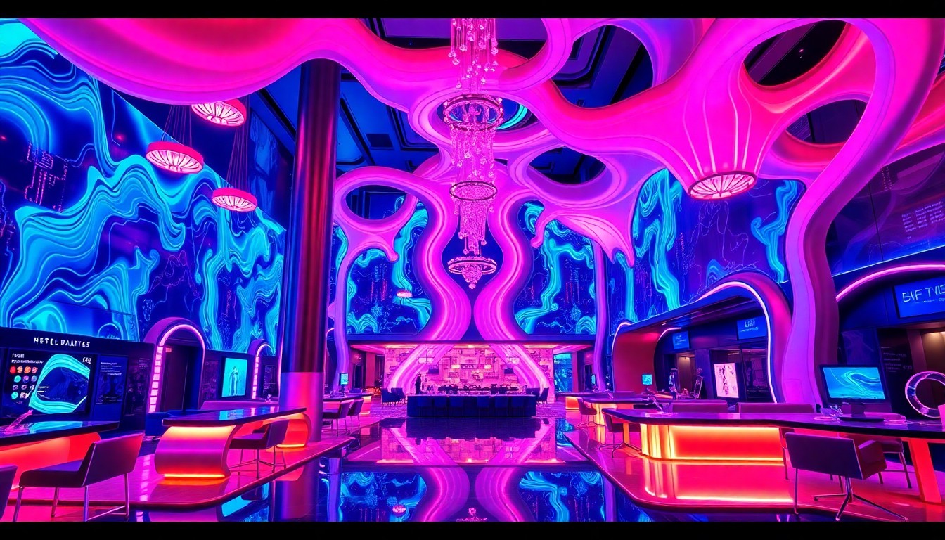A highly detailed, glowing 3D macro illustration of a futuristic hotel lobby with intricate lighting fixtures, digital displays, and flowing organic shapes, conceptually representing the integration of advanced technology and sustainable design in the hospitality industry.