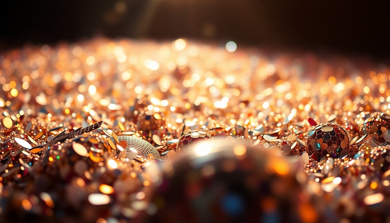 An abstract close-up image featuring a textured, glittering surface of sequins and shattered disco ball fragments, captured in dramatic high-contrast studio lighting to convey the glamour and energy of a major music festival performance.