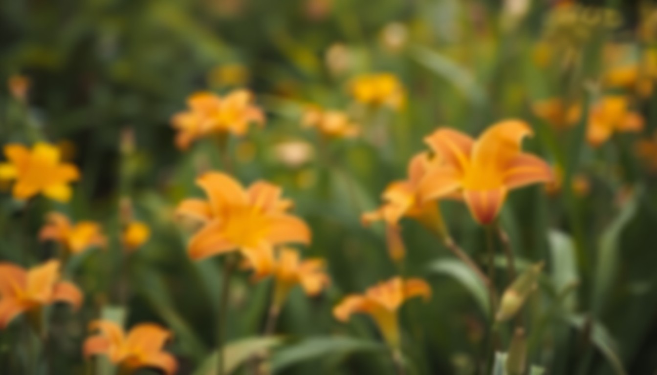 An abstract, impressionistic photograph in soft focus, depicting a garden scene with blurred daylily flowers in the foreground, conveying a sense of tranquility and the beauty of nature.
