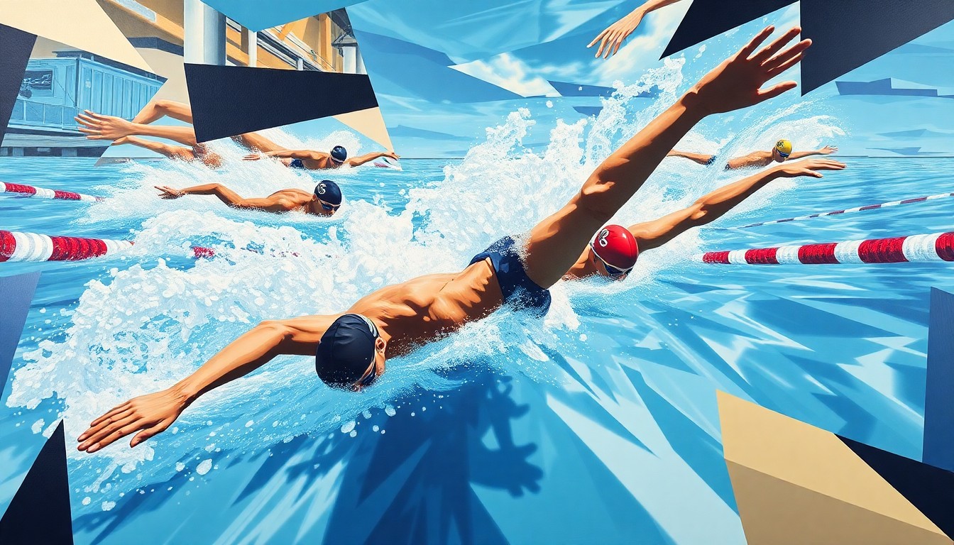 A fractured, cubist-style painting depicting the abstract shapes and movements of swimmers in a competitive race, with the pool and surrounding environment also broken down into geometric planes of color.