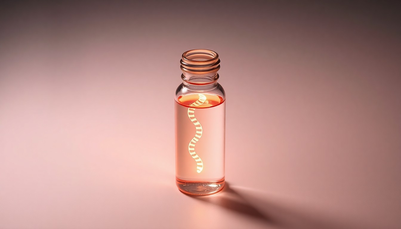 A photorealistic studio still-life image featuring a polished glass vial filled with a glowing liquid, representing the innovative extrahepatic RNA delivery technology developed by Vivatides Therapeutics. The vial is placed on a clean, monochromatic background, using dramatic lighting to convey a sense of precision and scientific progress.