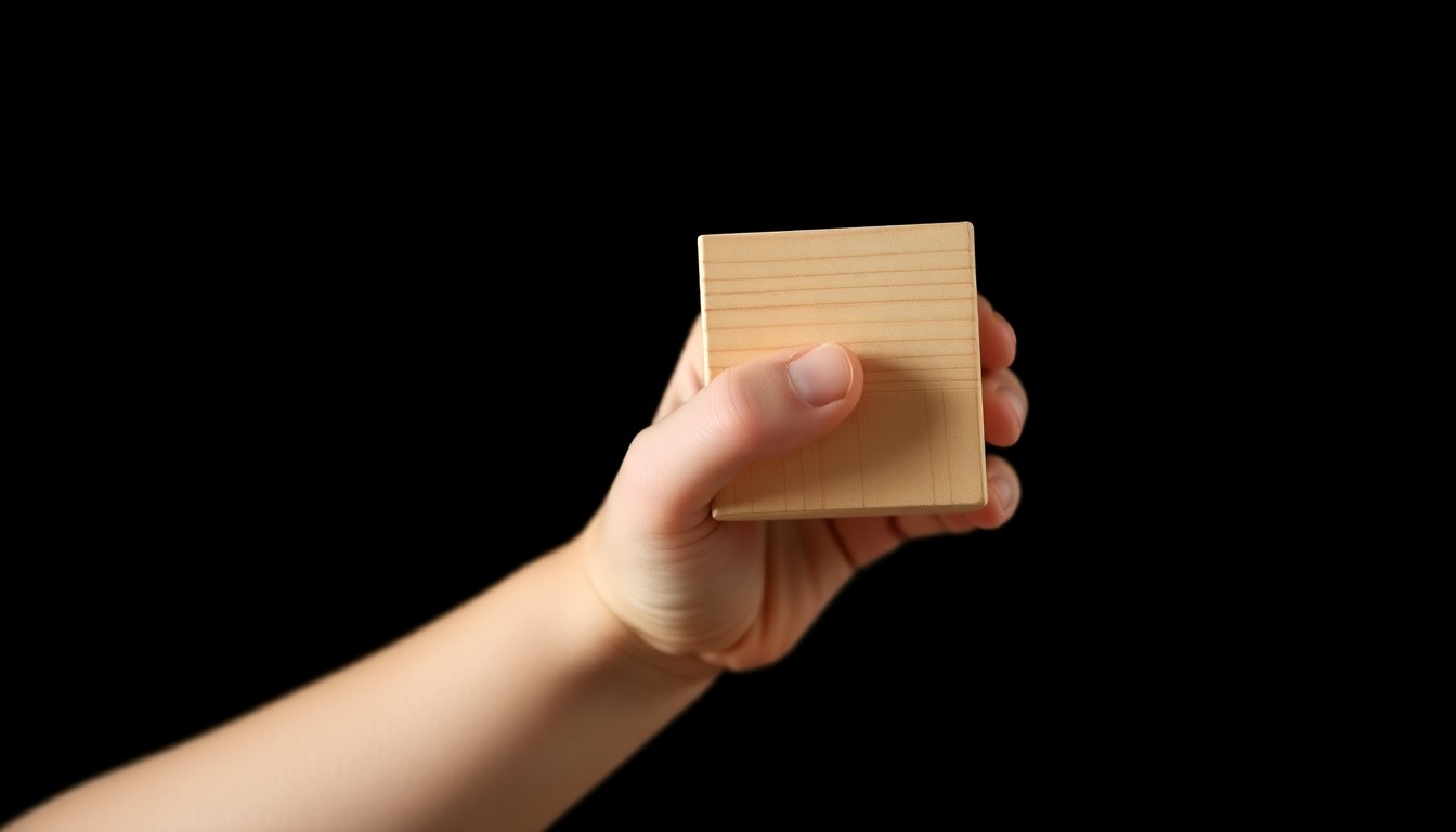 An extreme close-up of a child's small hand clutching a wooden toy block, the harsh lighting and dark background creating a stark, investigative aesthetic.