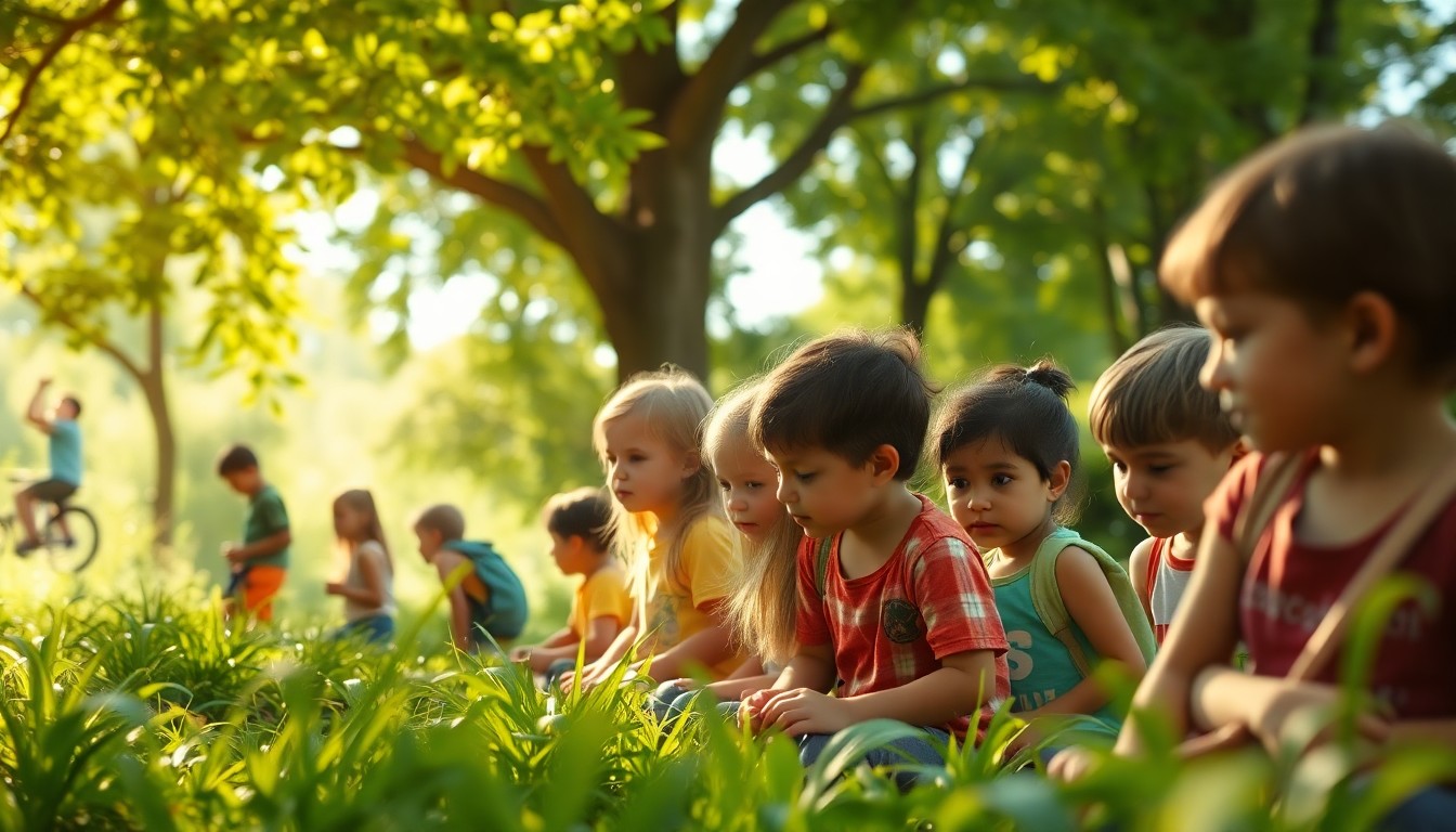 An abstract, out-of-focus photograph showing the silhouettes of several children exploring a lush, green outdoor space, with soft pools of warm light and color creating a dreamlike, immersive atmosphere.