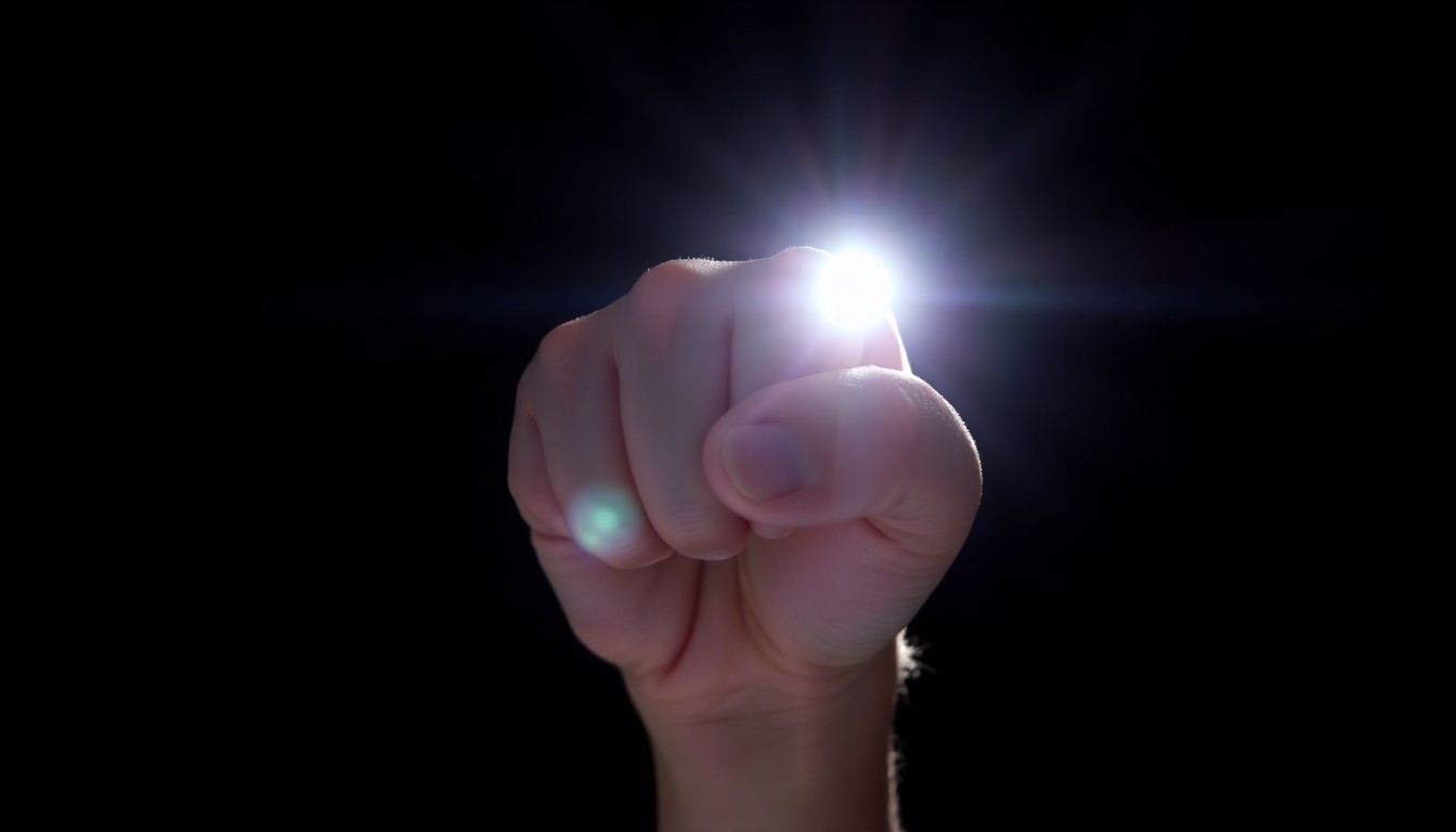 An extreme close-up photograph of a child's fist clenched tightly, lit by a harsh, direct camera flash against a pitch-black background, conceptually representing the violence and aggression displayed in the attack on the woman.