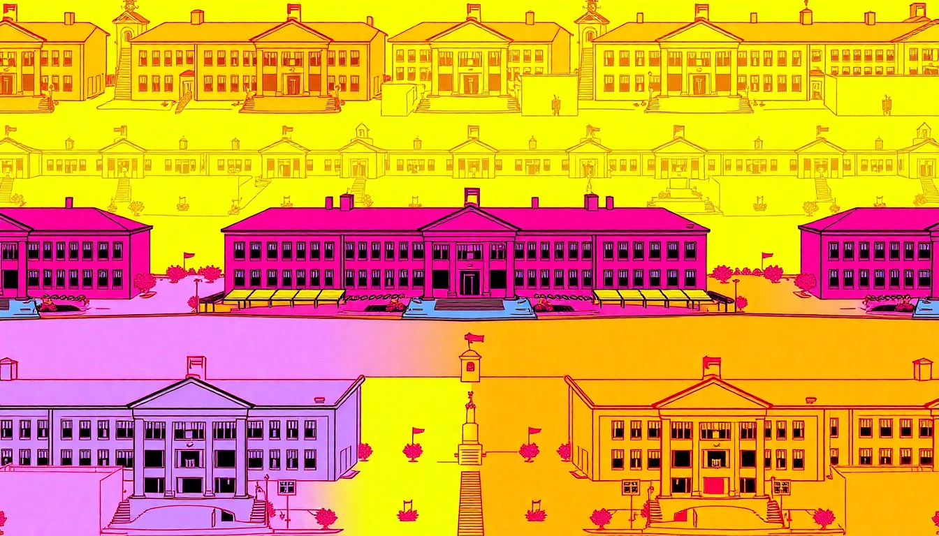 A bold, colorful silkscreen-style illustration featuring a repeated image of a high school campus or football stadium, rendered in a dynamic grid of neon hues and heavy black outlines, capturing the dynamic growth and evolution of Texas's educational communities.