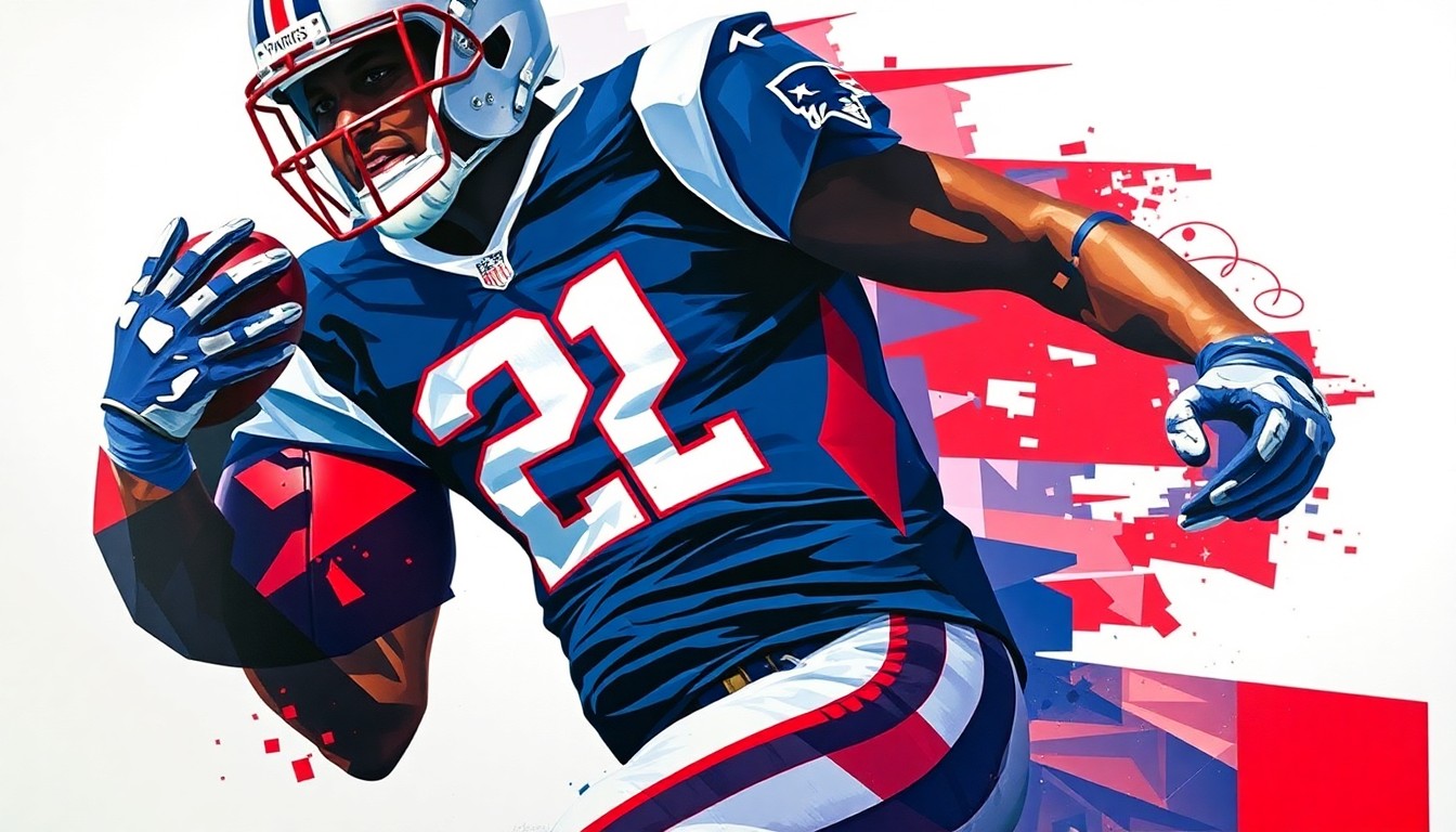 A fragmented, geometric painting in the style of Pablo Picasso, depicting the dynamic movements of a football player in shades of navy blue, red, and white, representing the Patriots' search for the perfect tight end prospect.