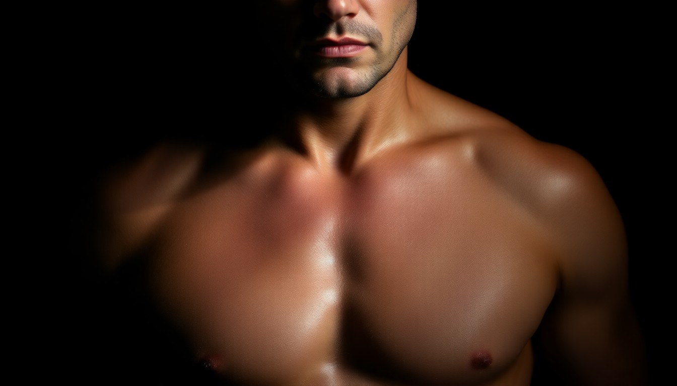 An abstract close-up photograph of a muscular, glistening male torso, capturing the glamour and allure of the lead actor in a romantic comedy.