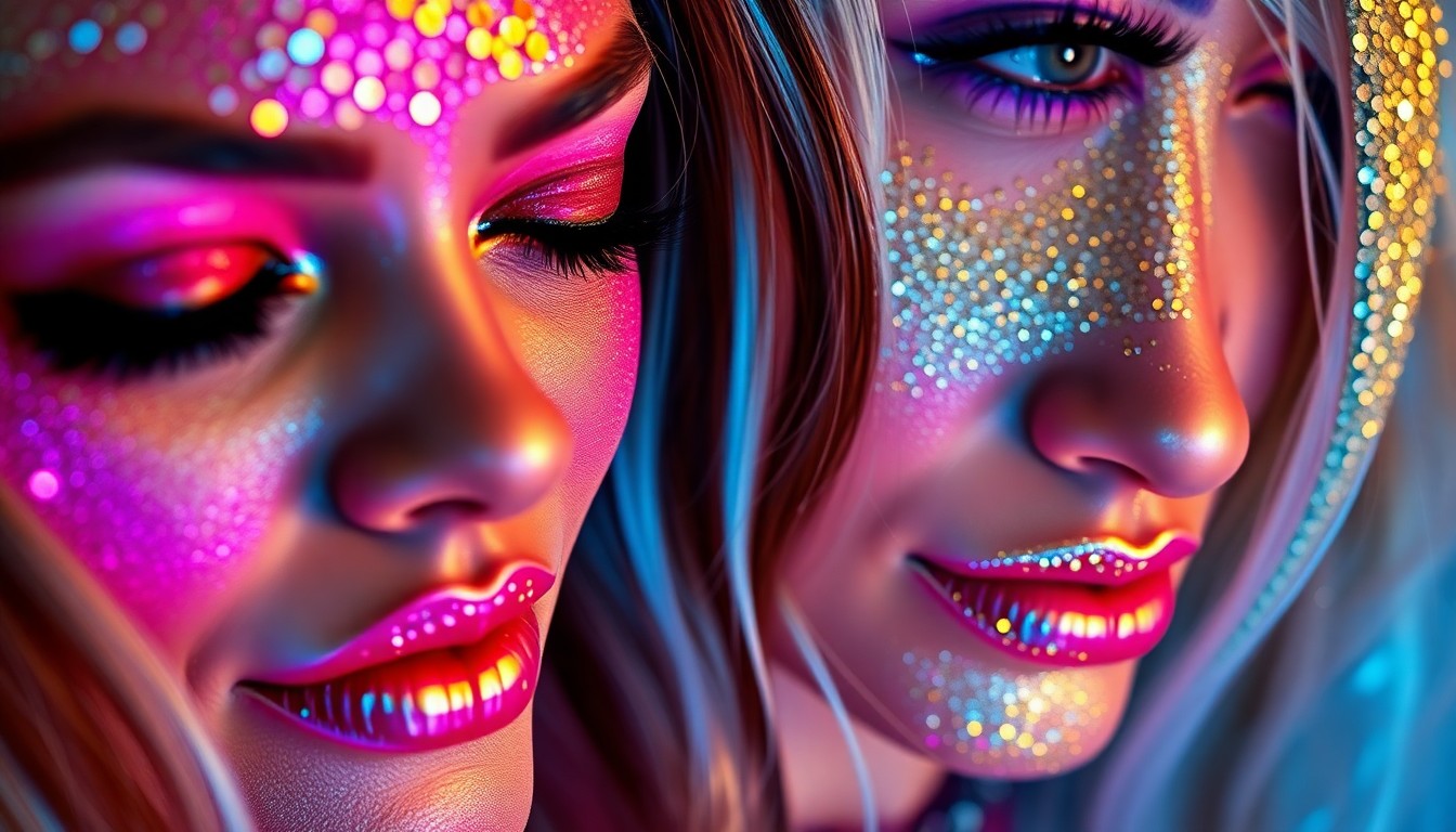An extreme close-up photograph of shimmering, sequined festival fashion textures in vibrant colors, capturing the glitz and energy of the Coachella music festival.