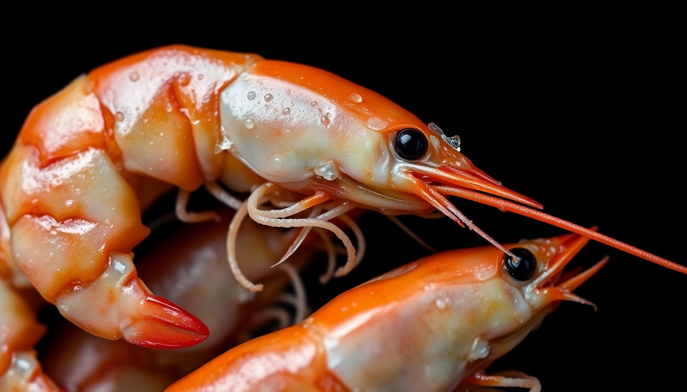 An extreme close-up photograph showcasing the glistening, textured surface of fresh shrimp, capturing the vibrant colors and luxurious feel of Gulf seafood.