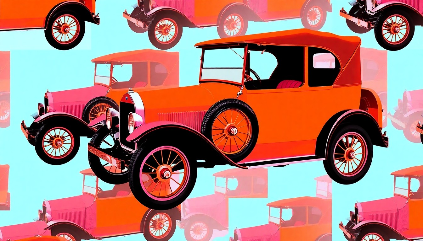 A vibrant, abstract silkscreen illustration composed of repeating images of a vintage Ford Model T car in bright, neon-like colors, conceptually representing the historic character and community spirit of the Edison Park neighborhood.