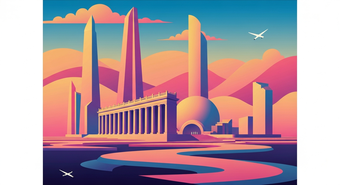 A bold, geometric illustration in the Art Deco style, featuring sweeping gradients and sleek, streamlined forms that evoke the romance and grand scale of travel, without any literal depictions of people, places, or text.