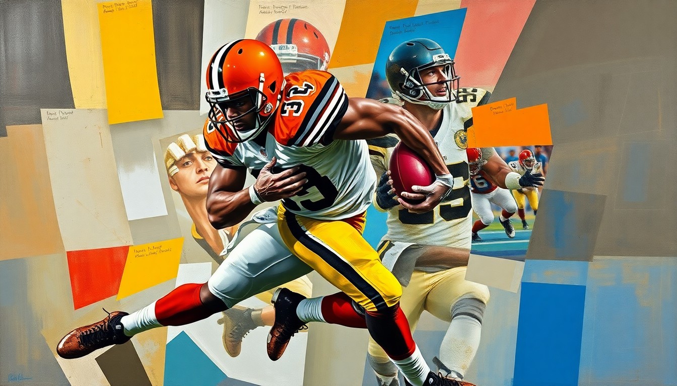 A fragmented, geometric painting depicting a Browns defensive player making a tackle, with sharp planes of color and form capturing the dynamic action of the play.